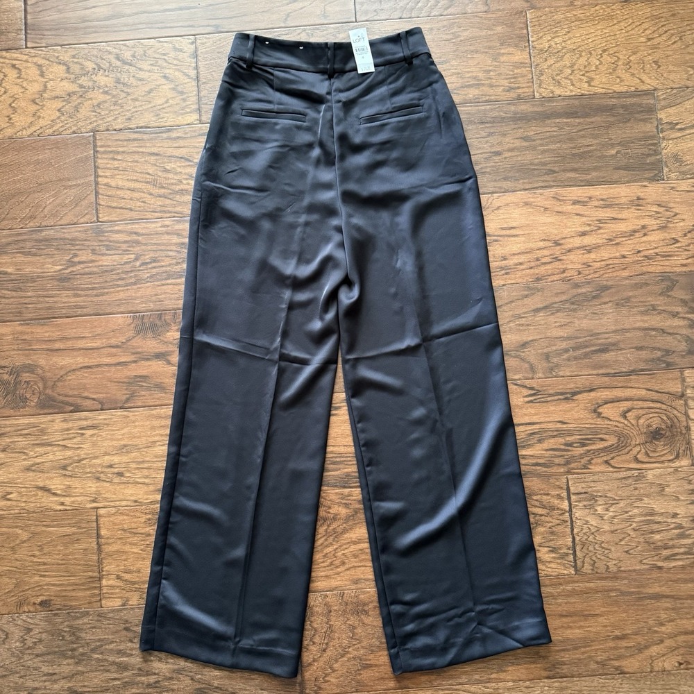LOFT The Peyton Trouser Pleated Satin Wide Leg High Rise Black 0 - Picture 2 of 15